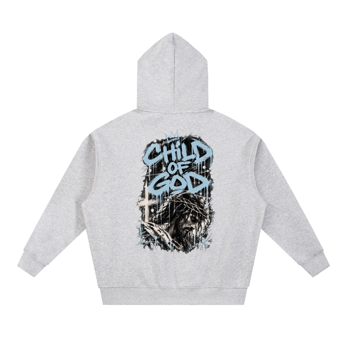 Crossbound essential oversized fleeced Hoodie with blue logo and child of god back graffiti