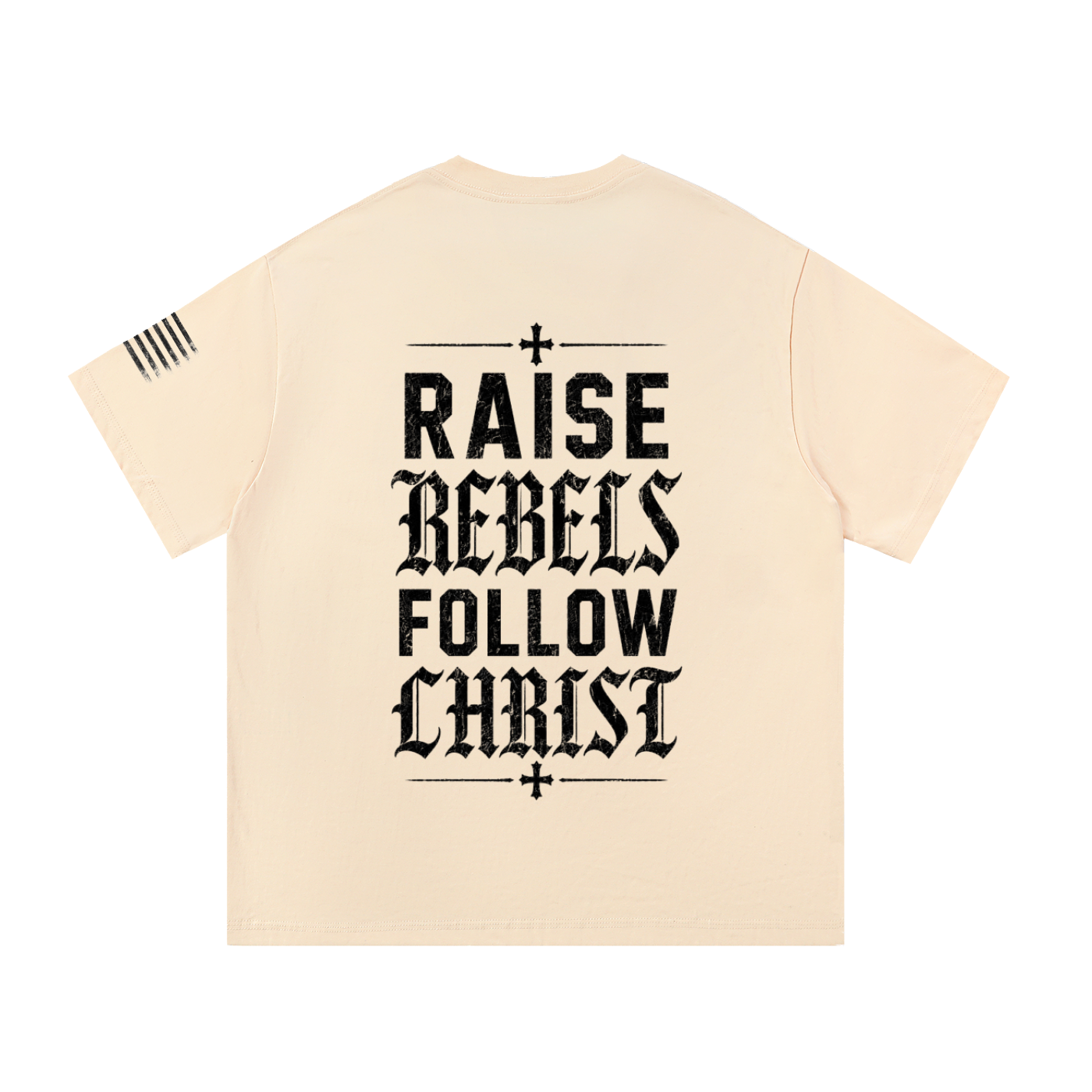 Crossbound (Raise Rebels Follow Christ) back graffiti with side sleeve American flag Essential Cotton T-Shirt