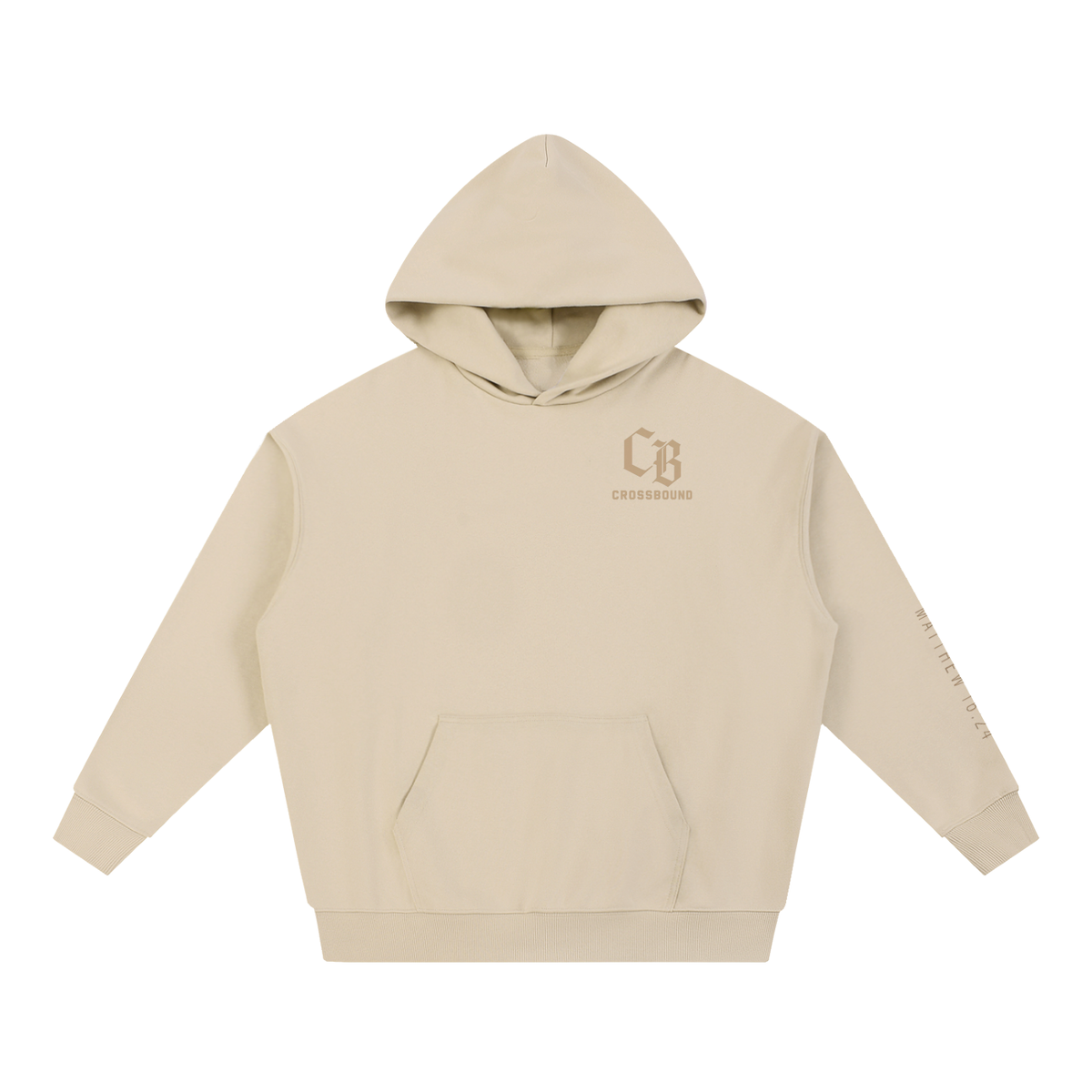 (NEW) tan logo Crossbound Essential Heavyweight Hoodie with sleeve bible verse and back graffiti