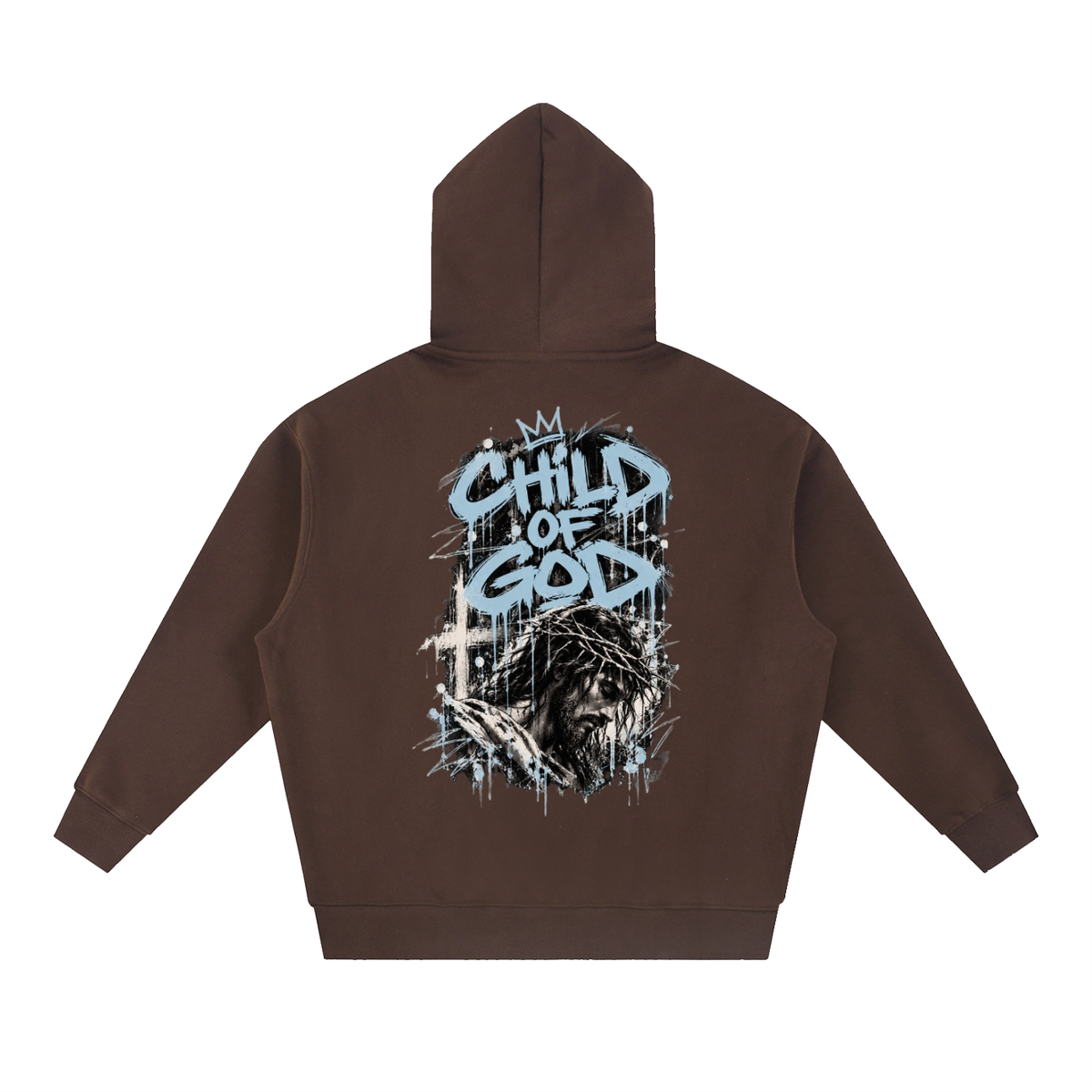 Crossbound essential oversized fleeced Hoodie with blue logo and child of god back graffiti