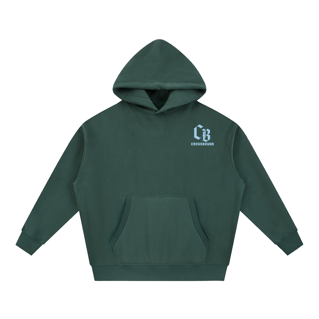 Crossbound essential oversized fleeced Hoodie with blue logo and child of god back graffiti