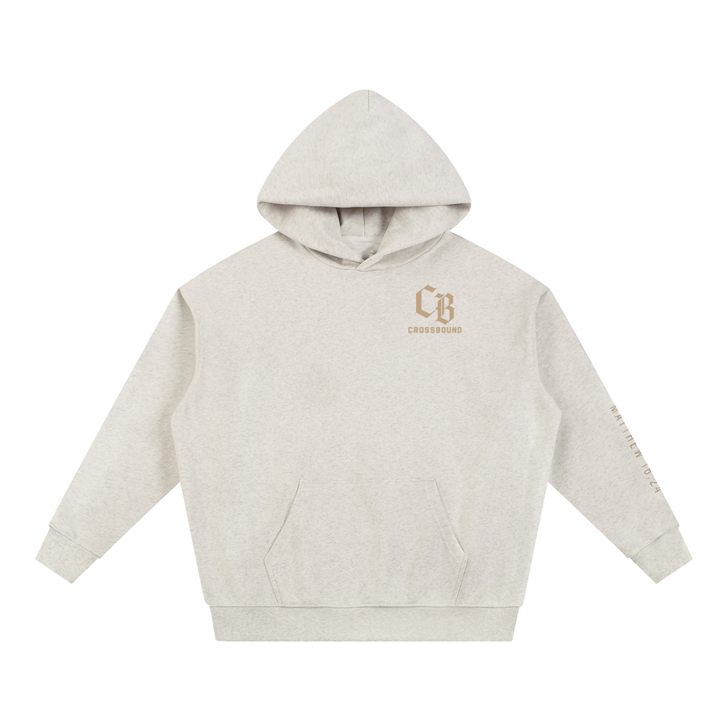 (NEW) tan logo Crossbound Essential Heavyweight Hoodie with sleeve bible verse and back graffiti