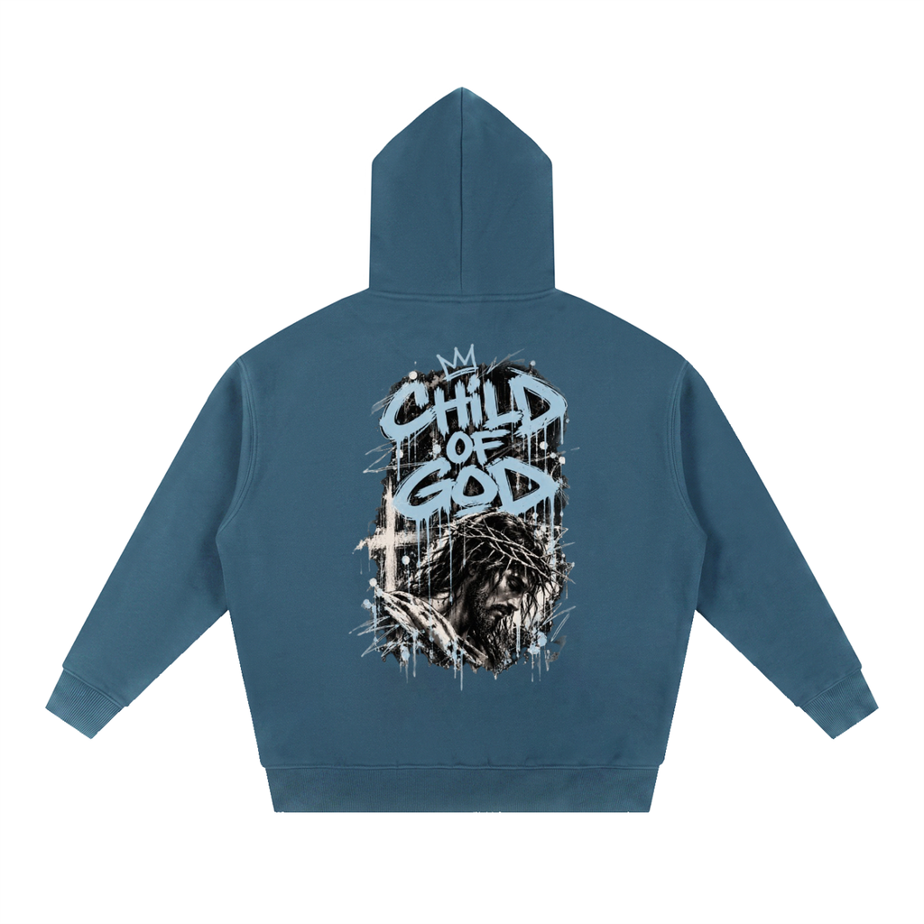 Crossbound essential oversized fleeced Hoodie with blue logo and child of god back graffiti