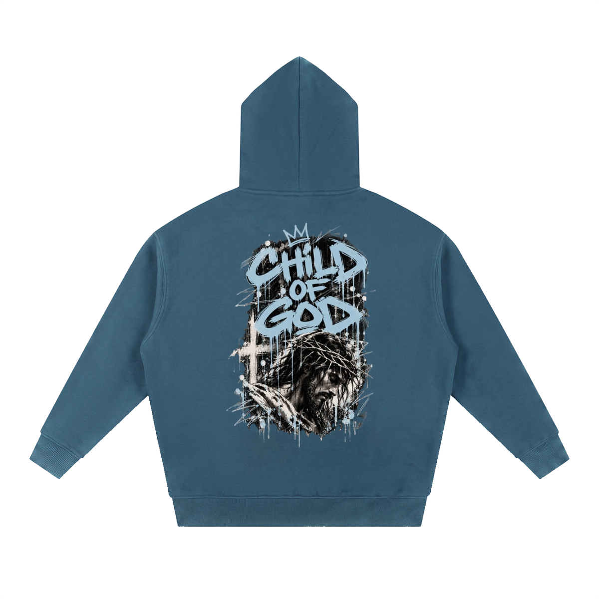 Crossbound essential oversized fleeced Hoodie with blue logo and child of god back graffiti