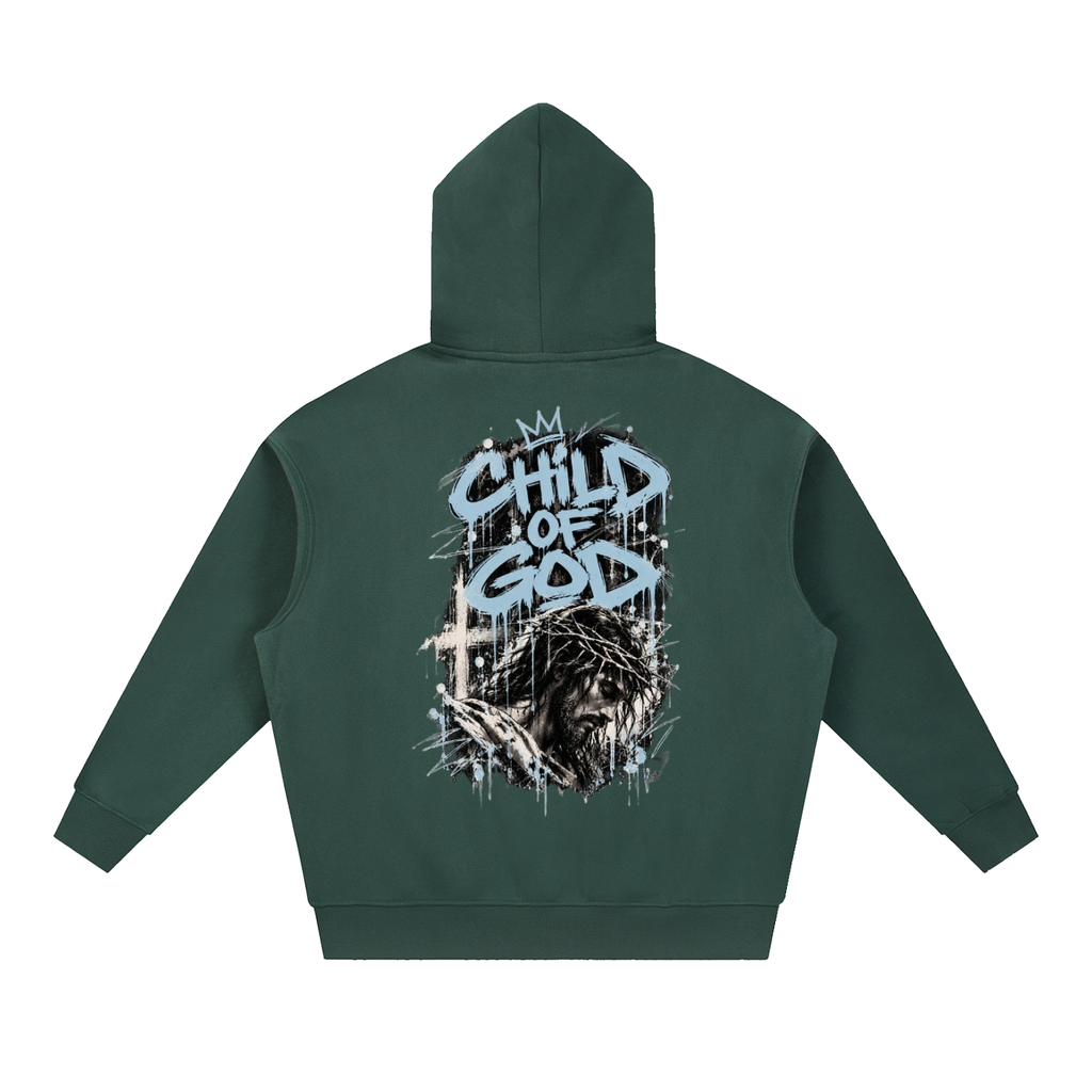 Crossbound essential oversized fleeced Hoodie with blue logo and child of god back graffiti
