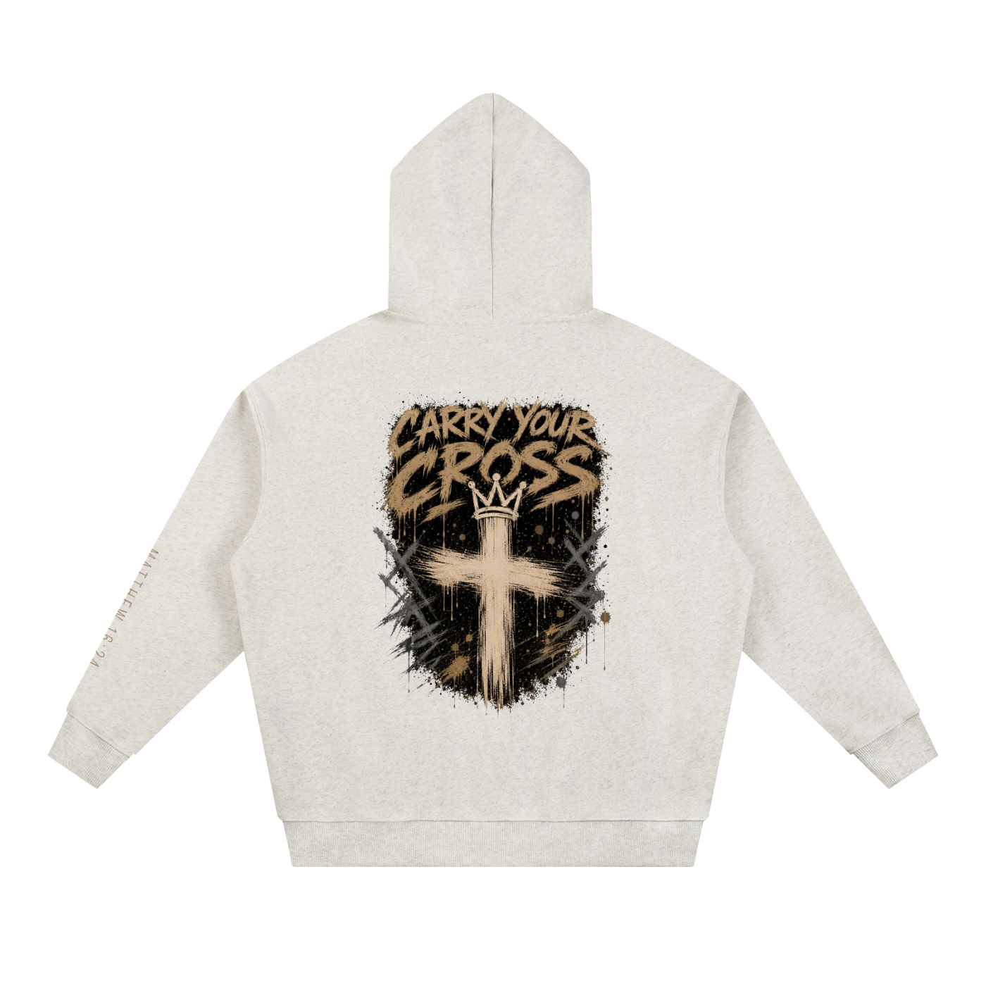 (NEW) tan logo Crossbound Essential Heavyweight Hoodie with sleeve bible verse and back graffiti