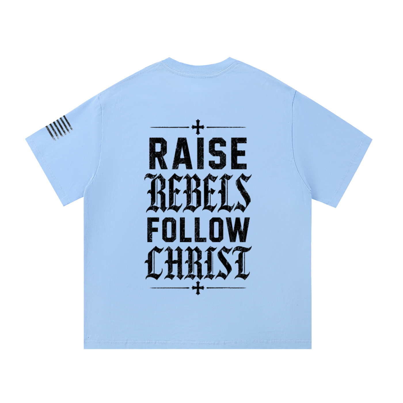 Crossbound (Raise Rebels Follow Christ) back graffiti with side sleeve American flag Essential Cotton T-Shirt