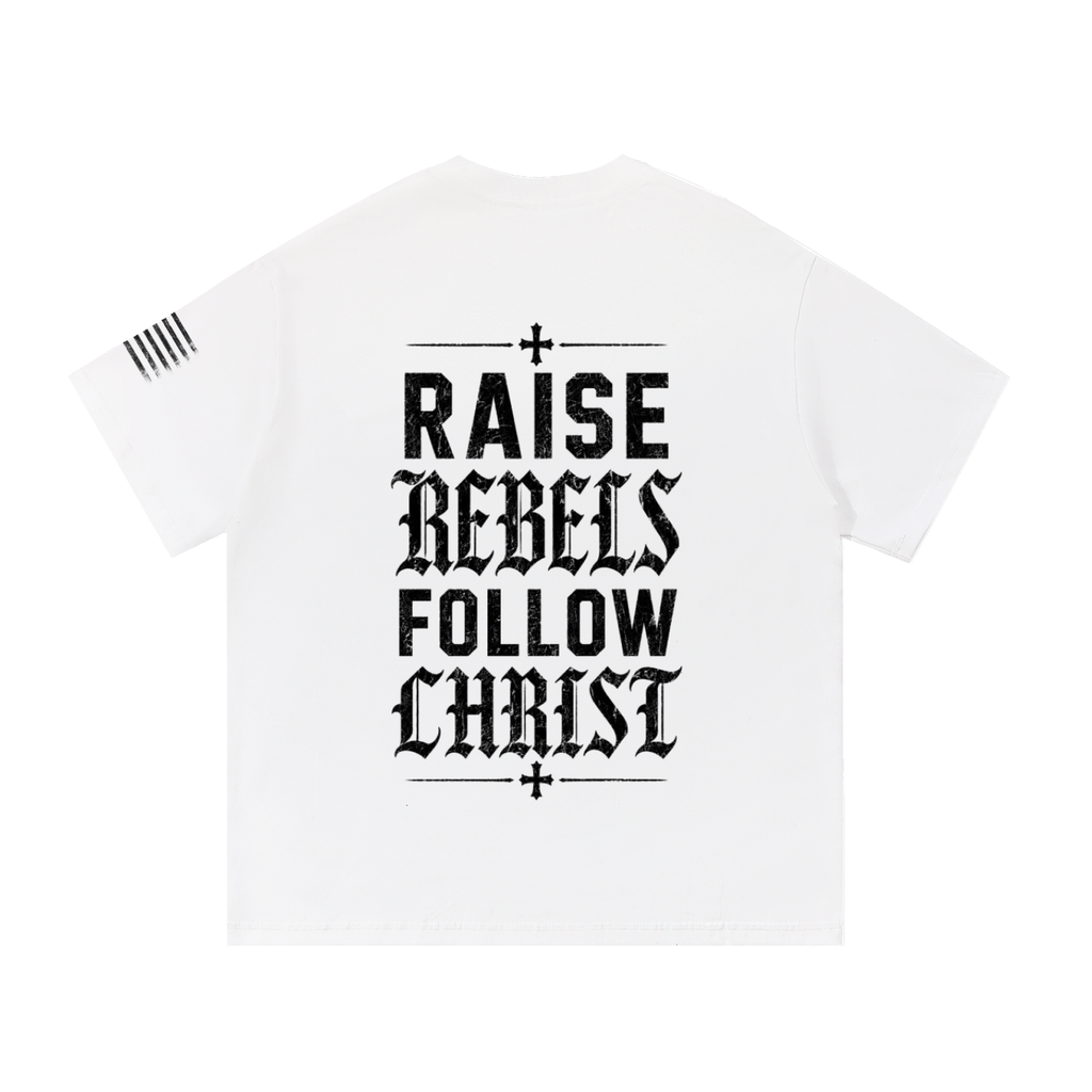 Crossbound (Raise Rebels Follow Christ) back graffiti with side sleeve American flag Essential Cotton T-Shirt
