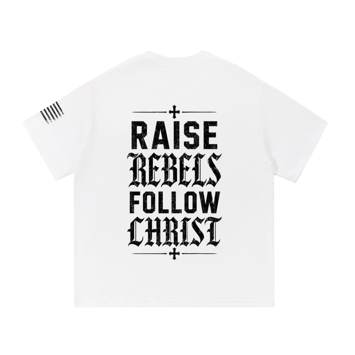 Crossbound (Raise Rebels Follow Christ) back graffiti with side sleeve American flag Essential Cotton T-Shirt