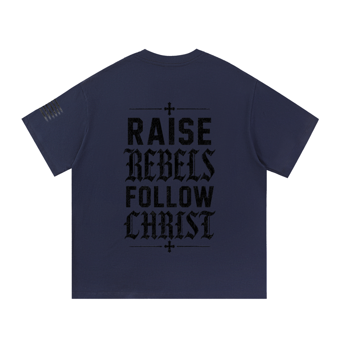 Crossbound (Raise Rebels Follow Christ) back graffiti with side sleeve American flag Essential Cotton T-Shirt