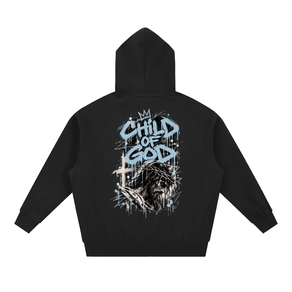 Crossbound essential oversized fleeced Hoodie with blue logo and child of god back graffiti