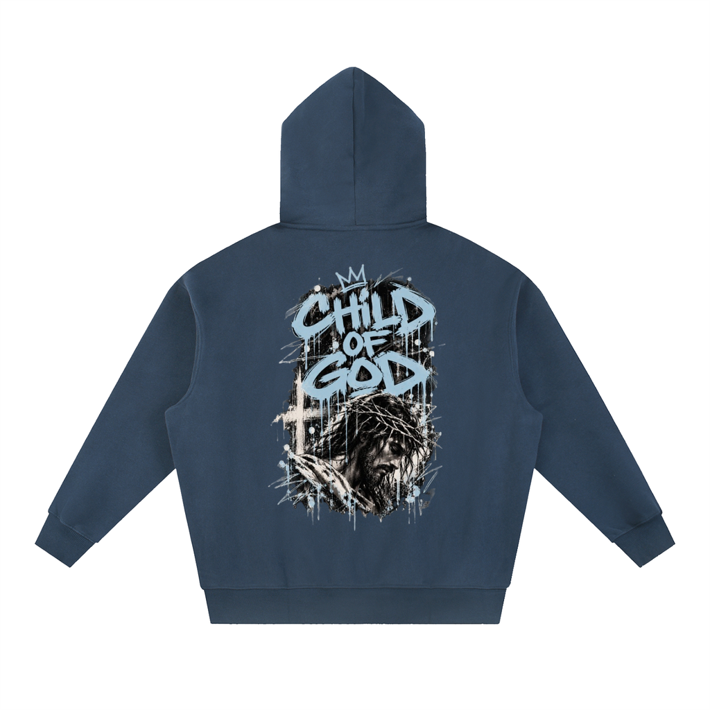 Crossbound essential oversized fleeced Hoodie with blue logo and child of god back graffiti