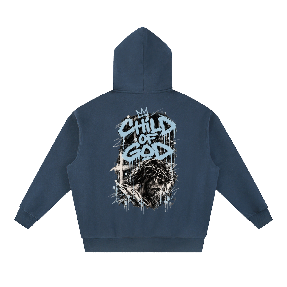 Crossbound essential oversized fleeced Hoodie with blue logo and child of god back graffiti